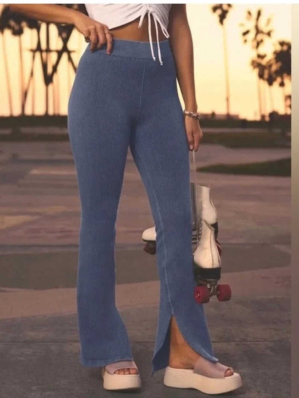 Fabletics Indigo Blue Cloud Seamless Split-hem Flare High Waisted Leggings